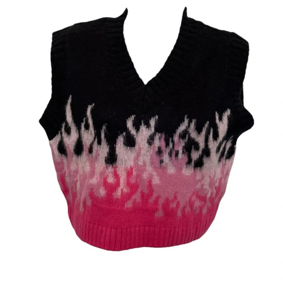 Ragged Priest Burnout Flame Black & Pink Crop Sweater Vest Pink Black Size XS - Picture 2 of 9